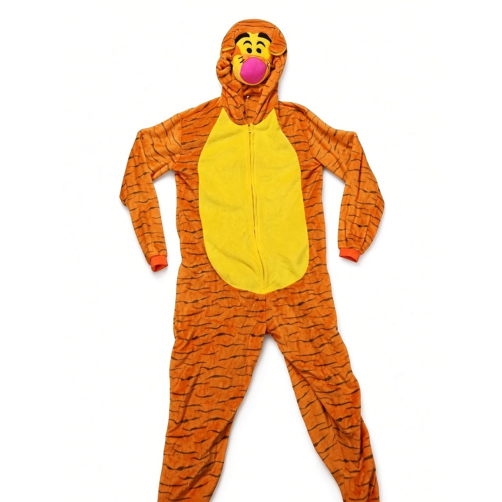 Adult Large Orange Tiger Plush Hooded Pajama Costume One Piece